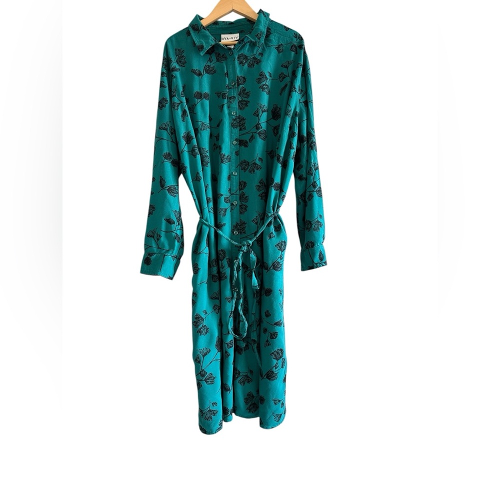 Ava & Viv Teal Floral Shirt Dress - Picture 2 of 7